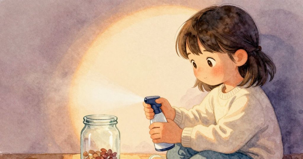 Zelma神情專注, 手持噴霧瓶輕噴水霧, 注重細膩平衡, 溫暖燈光襯托出專心致志的氛圍