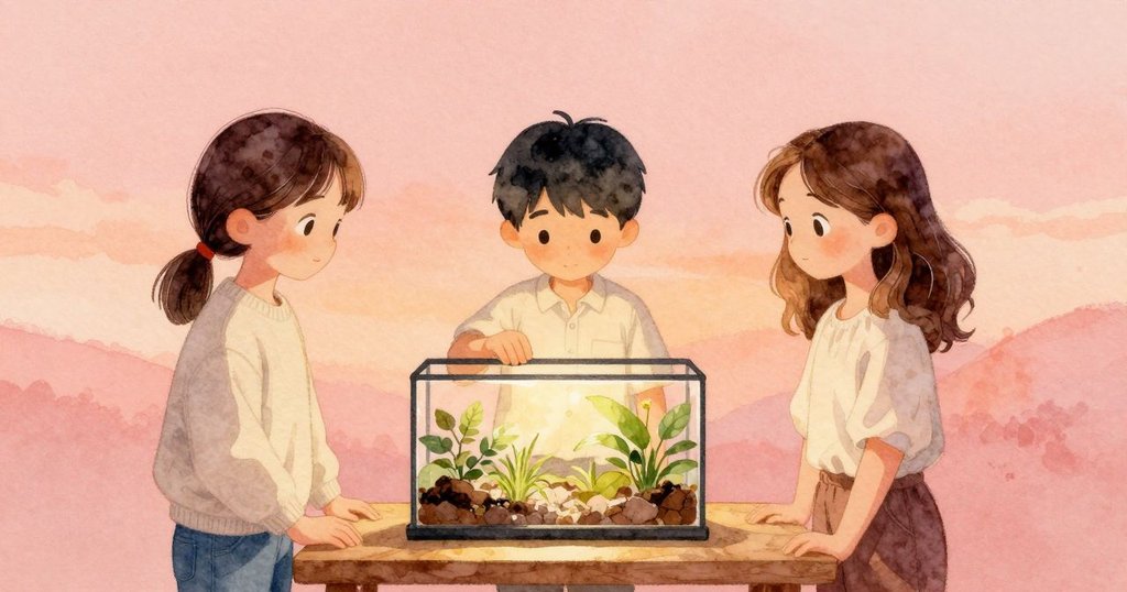 三人圍坐桌邊欣賞完善罐中景觀, 神情滿足與平靜, 溫暖室內光線灑落自然紋理, 最後慶祝成功