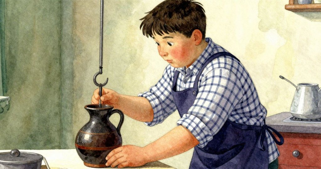 Oren輕扣金屬掛鉤，手持陶瓷打蛋器，傾斜構圖的廚房內燈光柔和，充滿好奇與期待，展開初步廚房冒險