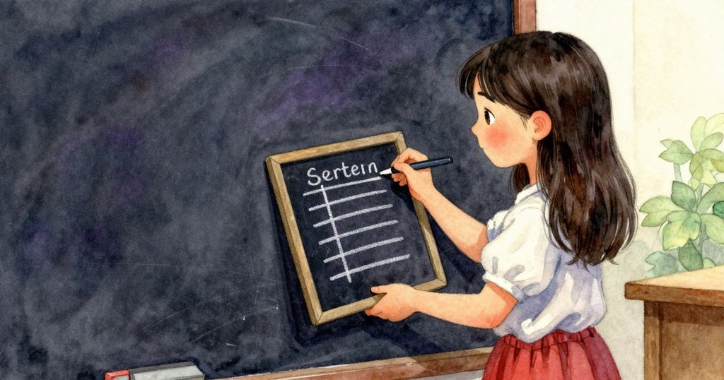 Seren在空曠櫃台旁，用粉筆在石板上計數，背景留白強化她專注表情，展現廚房靜謐與溫暖氛圍