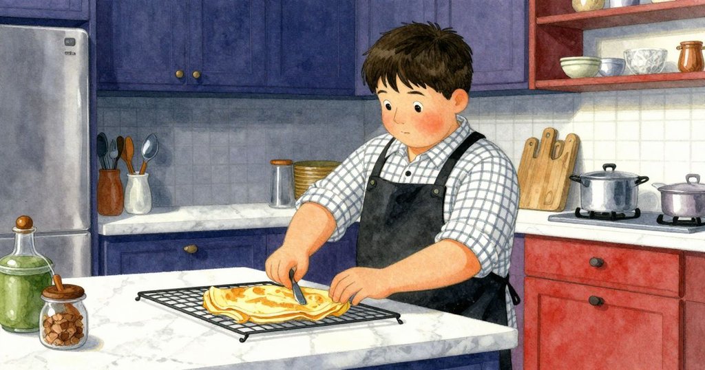 Oren在整潔廚房中擦拭器具，乾淨大理石台面與薄餅排列於涼盤，展現平靜轉換至有序環境