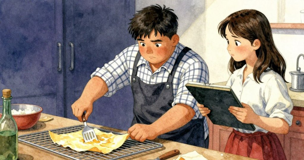 Oren面露焦慮與不悅，用抹刀應對失敗薄餅，Seren在旁陪伴支持，內心掙扎與情感流露在溫暖廚房中