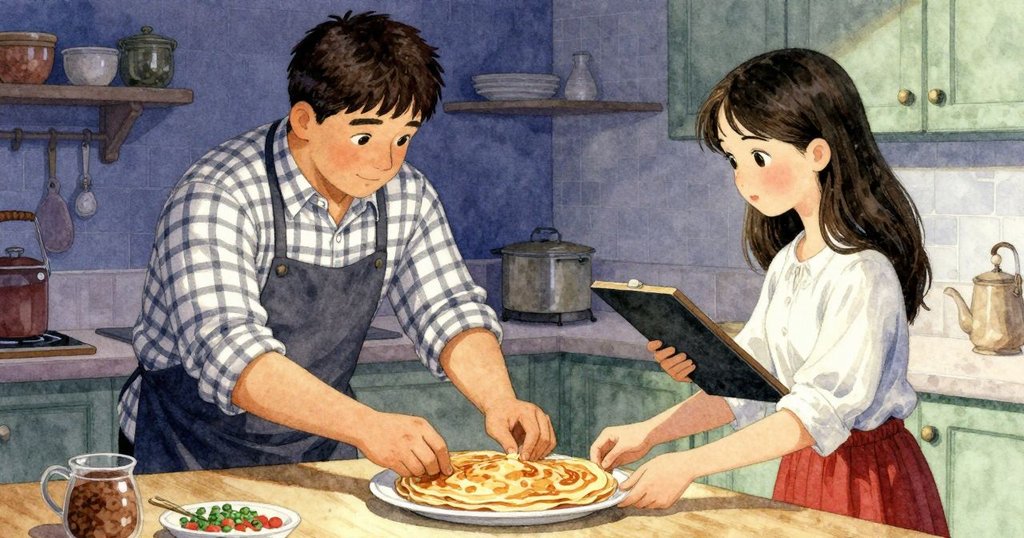 Oren與Seren平靜協作整理完美薄餅，溫暖燈光灑落寬敞廚房，展現圓滿結局與悠然心情