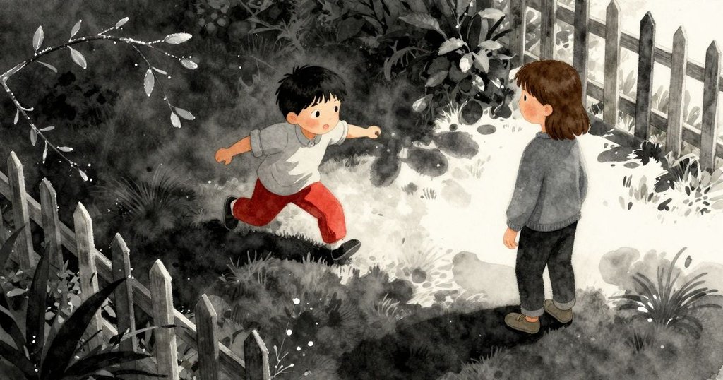 Dorian蹲在花園的樹枝旁檢查物品，Pierce在遠處澆水百合，整體呈現清新晨光與冒險開始的氛圍