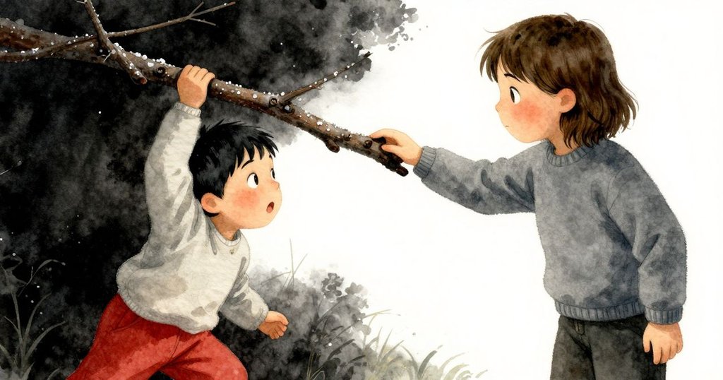 Dorian的手指觸摸粗糙的樹枝表面，露珠在木板上閃耀，細節豐富展現初探自然質感的冒險情境