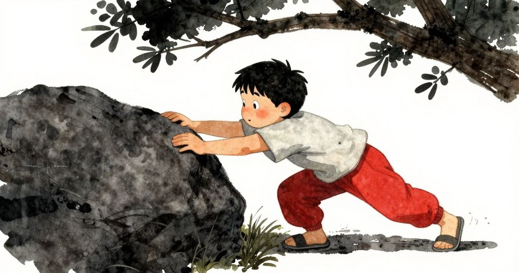 Dorian傾斜角度中推動扁平石塊，樹枝下的空間帶出動感冒險，展現努力與探索的瞬間