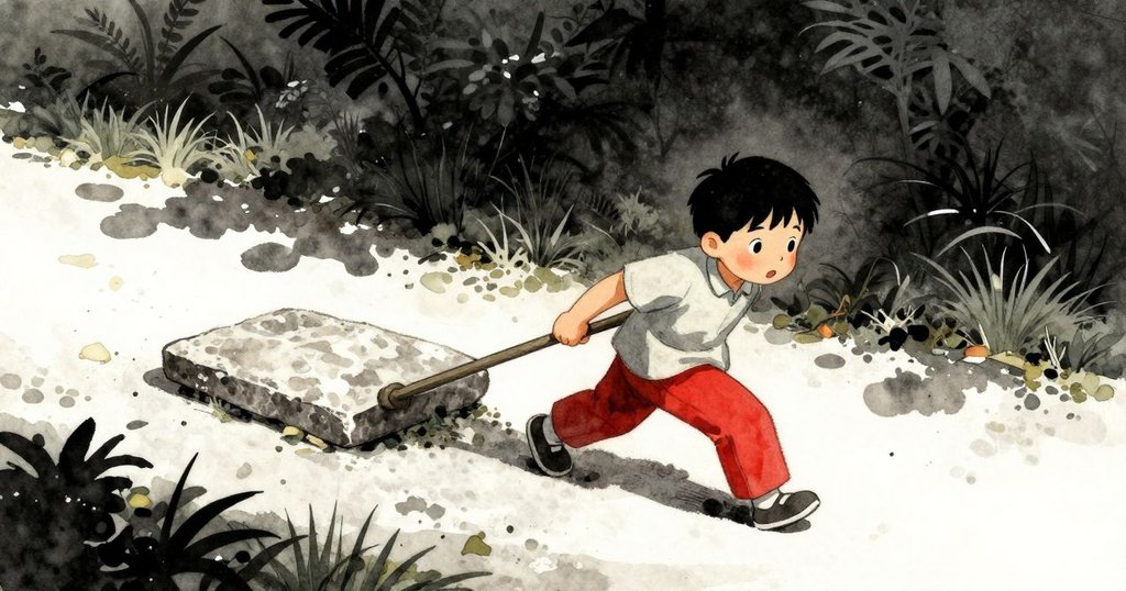 Dorian在花園小徑邊拖動大石板，穩重前行中展現堅毅與決心，環境中光影柔和，冒險繼續前進