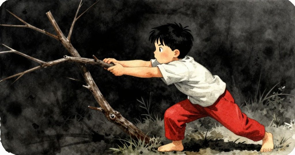 Dorian全神貫注推動彎曲樹枝，石塊隨壓力移動，緊張情境中展現決心與挑戰，冒險達到高潮