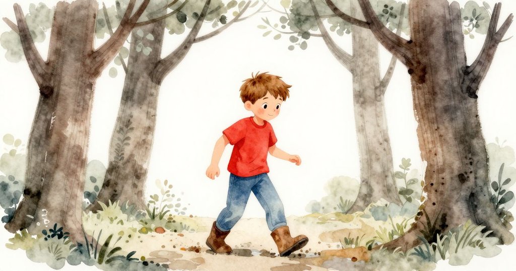 Hector穿越樹枝搭成的門框，步入戶外水坑倒映陰天，展現好奇與活力的開端