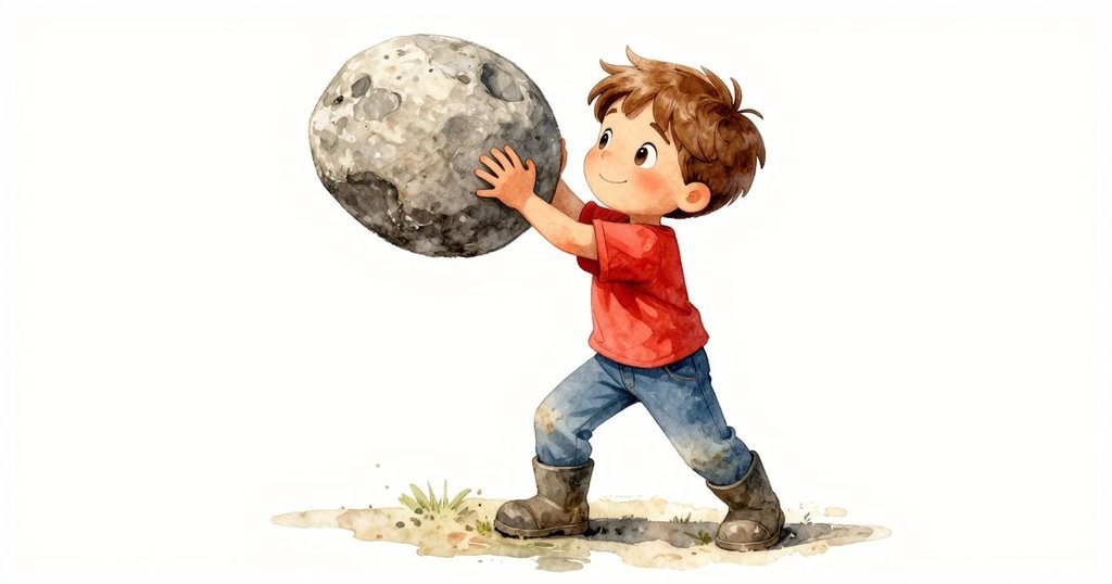 Hector舉起石頭，高角度拍攝顯露堅定表情與下方水坑清晰倒影，充滿動感