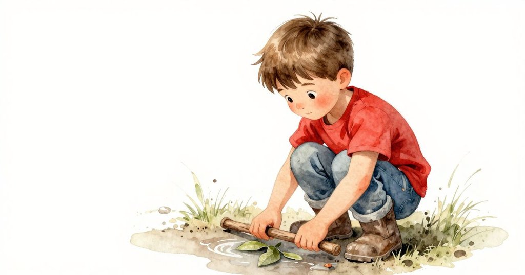 從高處俯視Hector蹲在水坑邊，用樹枝輕推落葉，水波悠然展開，暖光充滿自然氛圍