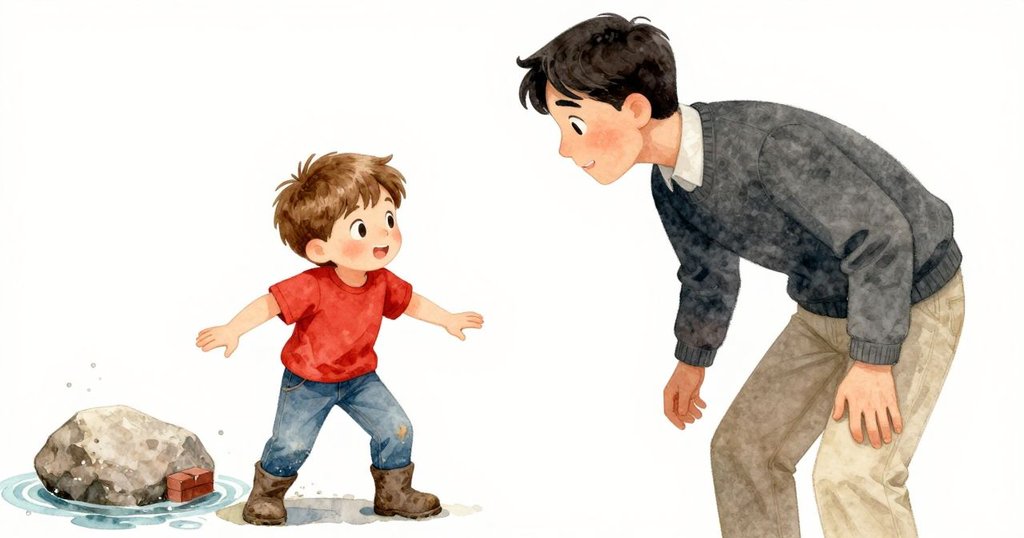 Hector緊張注視即將撞擊水面的石頭，背景磚牆映出水花，一位成人微笑鼓勵，氣氛懸疑