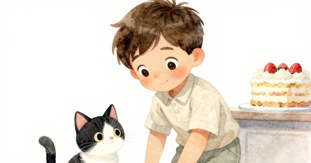 一隻圓滾橘貓從低角度探出頭來,注視尼爾俯身處理蛋糕,燈光柔和營造神秘氣氛