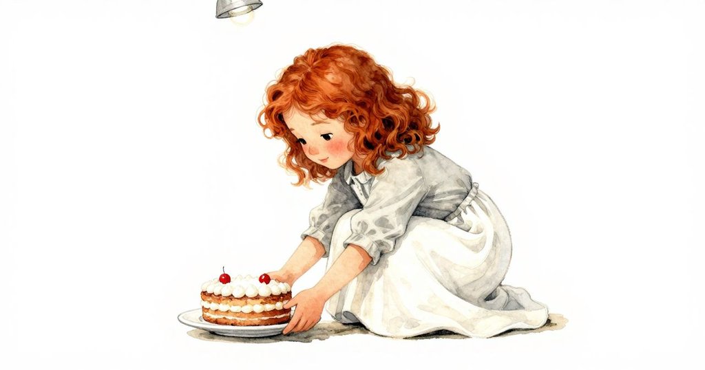 伊內絲蹲在廚房隱蔽角落輕放盤子於歪斜蛋糕板下,燈光明亮展現細膩光影與細節