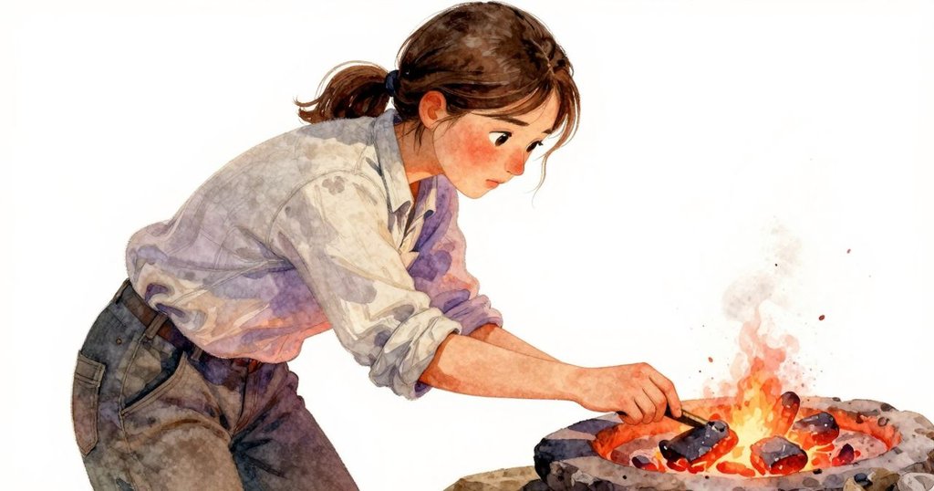 少女輕觸陶板，與周圍發光餘燼形成強烈對比，特寫細節展示溫暖光影