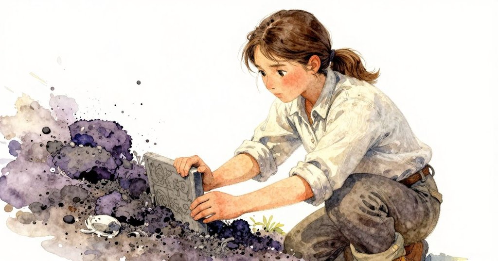 低角度看見少女操作陶板，手部動作細膩，地面灰燼與土壤紋理豐富，散發自然光影