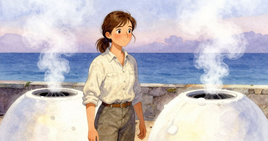 窯爐區轉入黃昏，少女靜觀封口蒸氣孔，背景蒸氣淡出，溫暖柔和夕光滲透全場