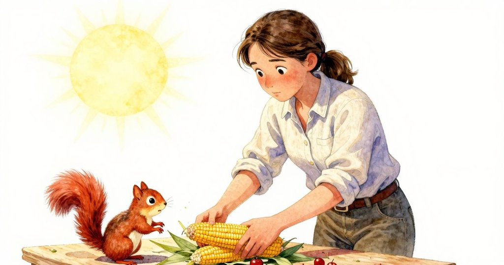 戶外食材桌上少女正包裹玉米，小松鼠好奇湊近，互動親切，陽光明媚，展現溫馨故事發展