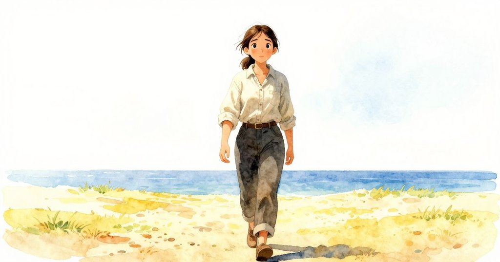 少女清理塵埃後踏上開闊小徑，背向窯爐，展望明亮遠方，神情堅毅充滿希望