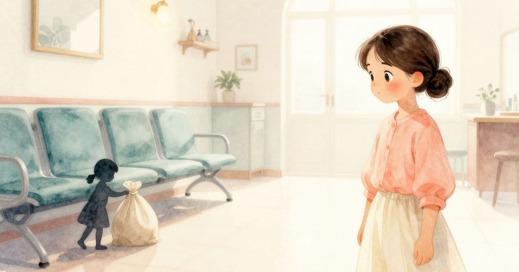 Celina 輕推布袋進入座椅下，背景為光線明亮的沙龍，流露出早晨的活力與溫馨，展現故事開端