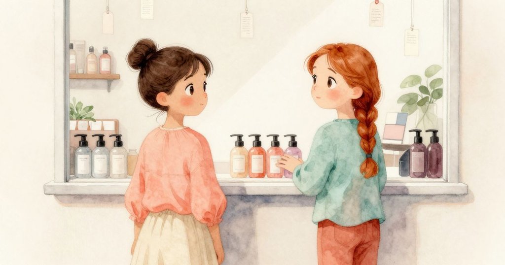 透過大窗觀察沙龍內部，整齊洗髮區與翹起價標營造出生動氛圍，細節豐富呈現故事發展