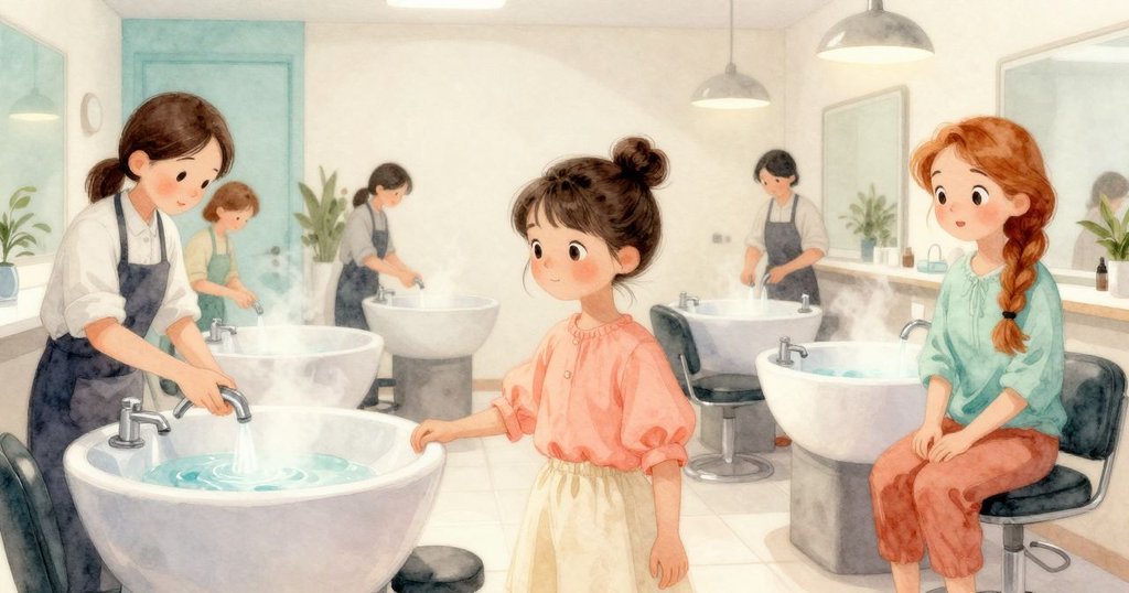 沙龍水槽區充滿蒸氣與交流，員工圍繞水龍頭互動，現場溫暖熱鬧，呈現故事中段情景