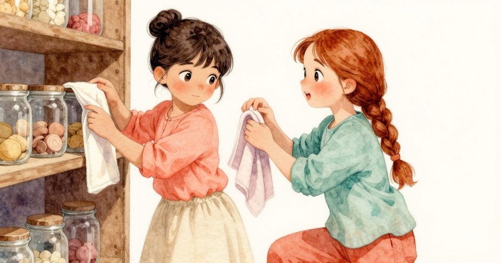 Celina 與 Tara 協作調整測試罐與毛巾，動作協調展現團隊精神，背景中的珠子滾動突顯故事高潮