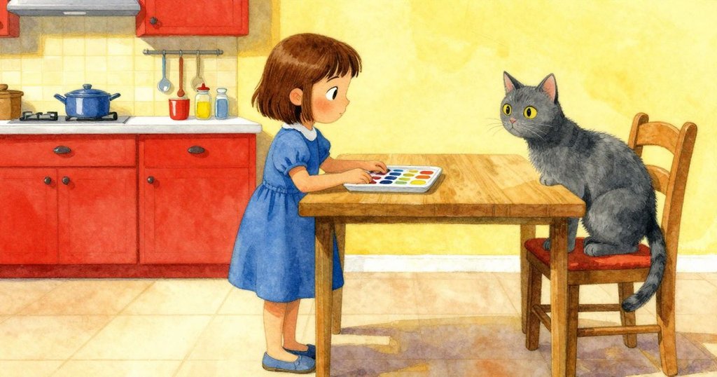 Faye在溫暖廚房中擺放顏料盤，旁邊灰貓坐在椅上，充滿期待與好奇，整體環境溫馨