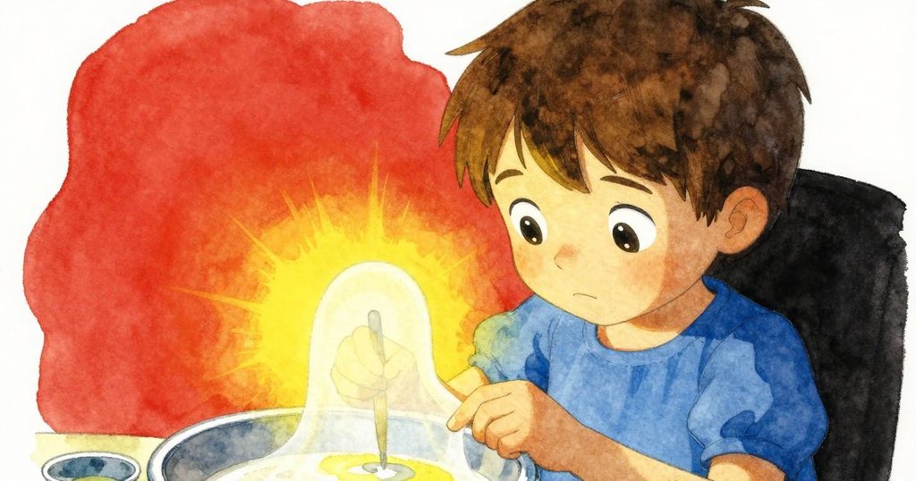 Faye聚精會神檢查調色盤底部淡幽靈色，眼神中流露出驚奇與專注，細節清晰