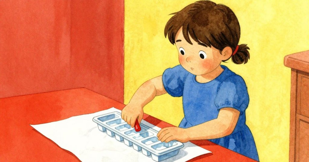 Faye小心滑動冰模盤過皺折報紙，桌上紅色攪拌棒顯眼，動作細膩展現期待感