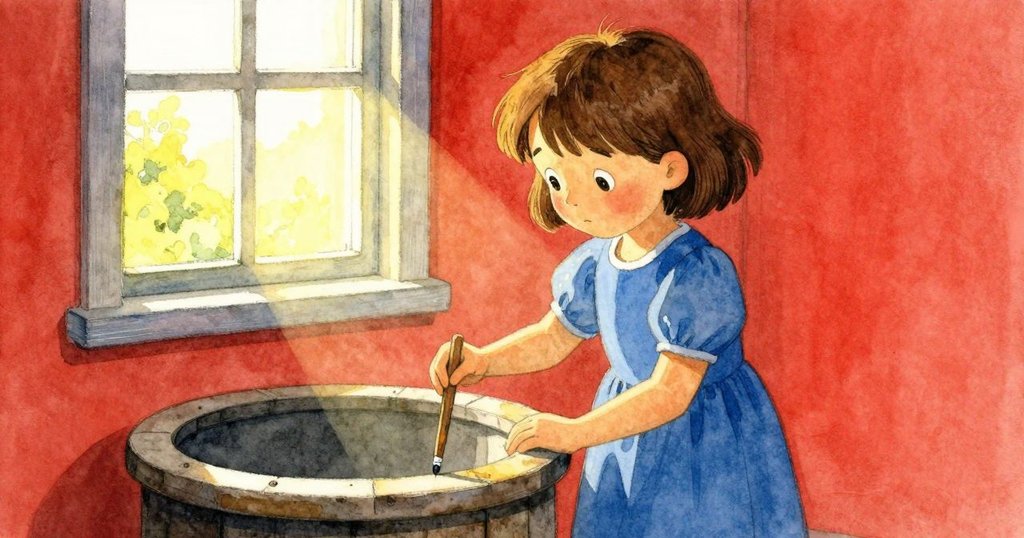 Faye在窗外日光與室內燈光交融下調整畫筆，桌上亮黃色珠點突顯季節變化，神情專注