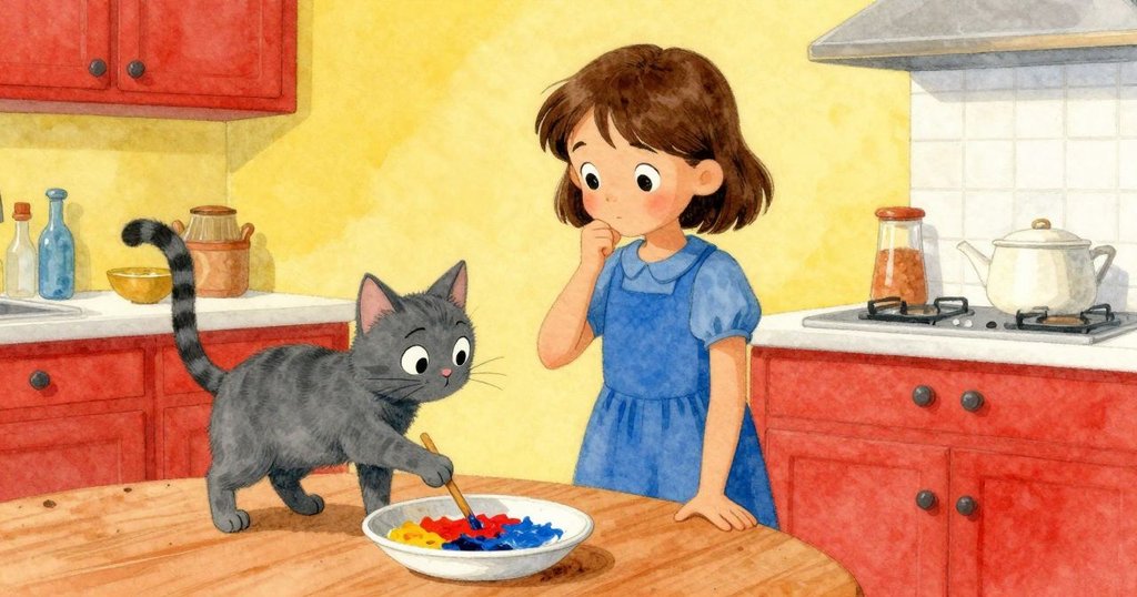 灰貓活潑地用尾巴輕拍桌面，Faye熱情攪拌顏料混合，動態畫面中多彩色澤融合成青，氣氛生動