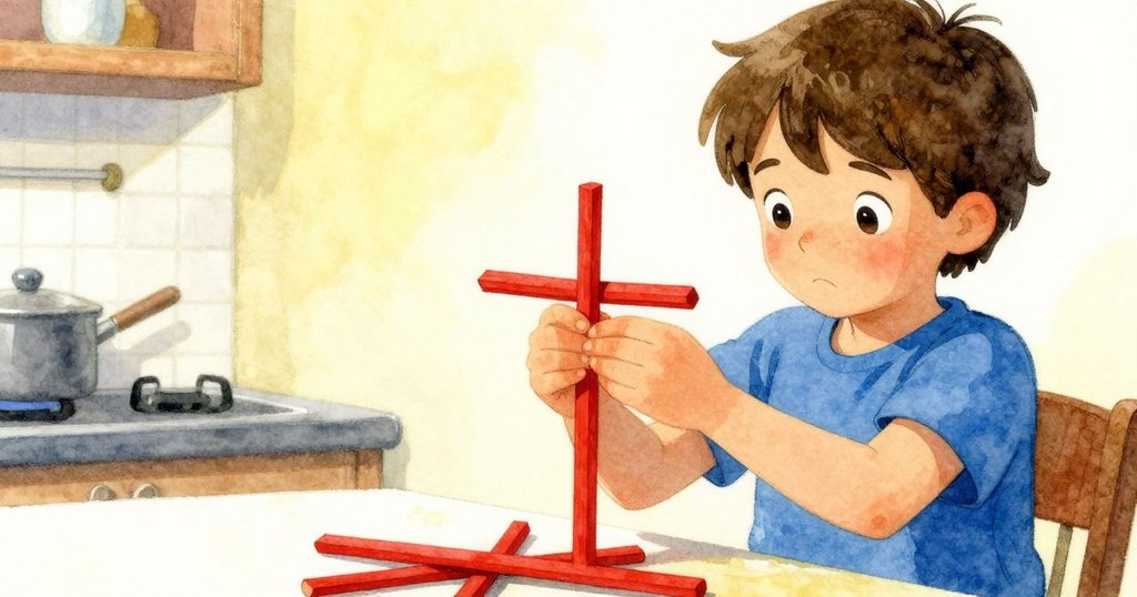 Faye以溫柔光線下將紅棒與備用棒擺成十字，旁邊青蛙布偶映出和諧畫面，臉上滿是滿足與平靜