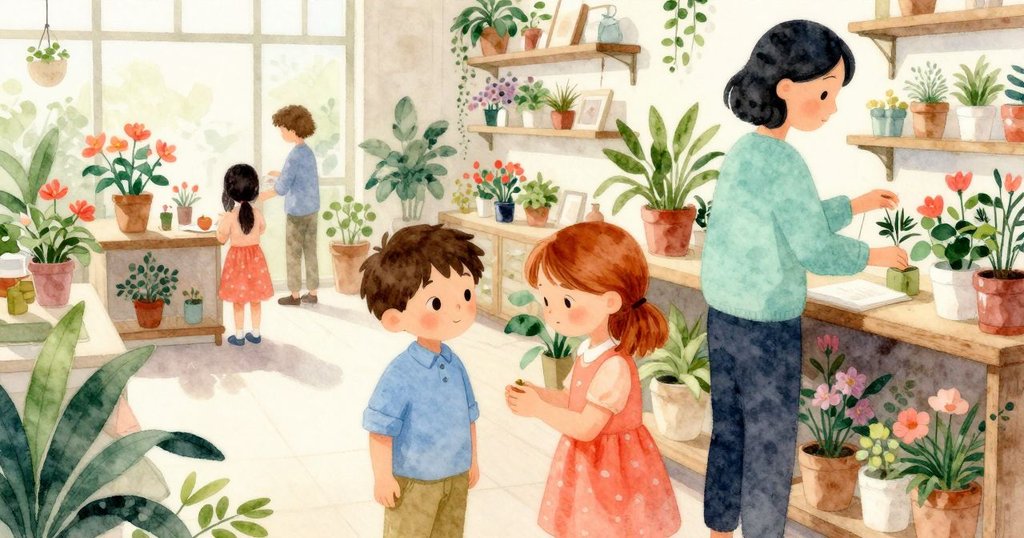 在溫暖花店中，Felix操作濕潤緞帶，Clara扶持鬱金香，父母靜默翻閱卡片，場景充滿忙碌與和諧氣氛