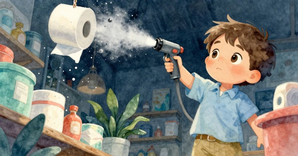 從扭曲視角看，Felix發現頭頂噴嘴釋放水霧，紙巾與緞帶散亂，呈現秩序與混亂交織的畫面