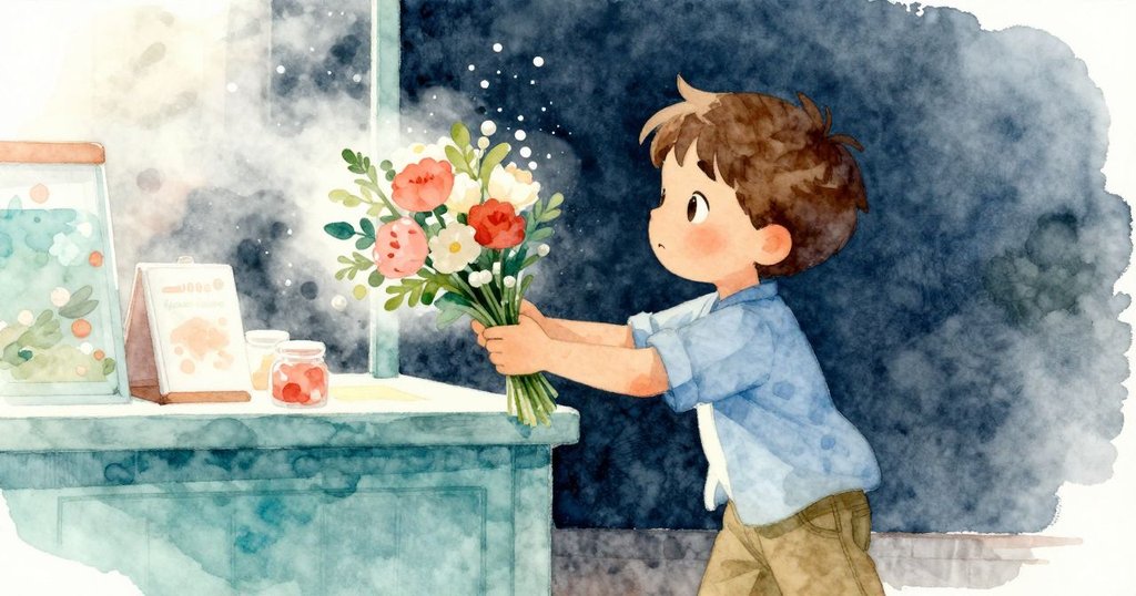 Felix正小心翼翼將花束挪向一旁，避開從噴嘴散發的霧氣，表情堅定且充滿智慧