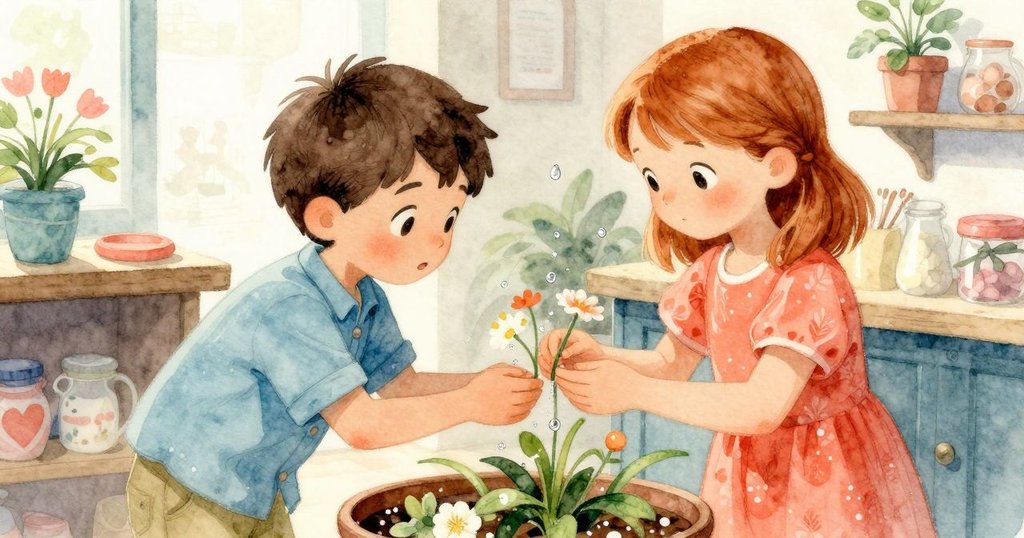 Felix專注包花，調整紙巾折痕，水珠閃爍，Clara在旁擔憂，展現勤奮與堅持的時刻