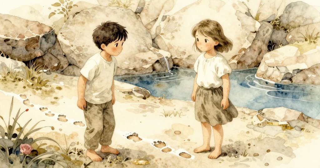 埃弗雷特與塞琳在岩邊探查乾涸的粉筆足印，細膩光影中透露出神秘與探險情緒