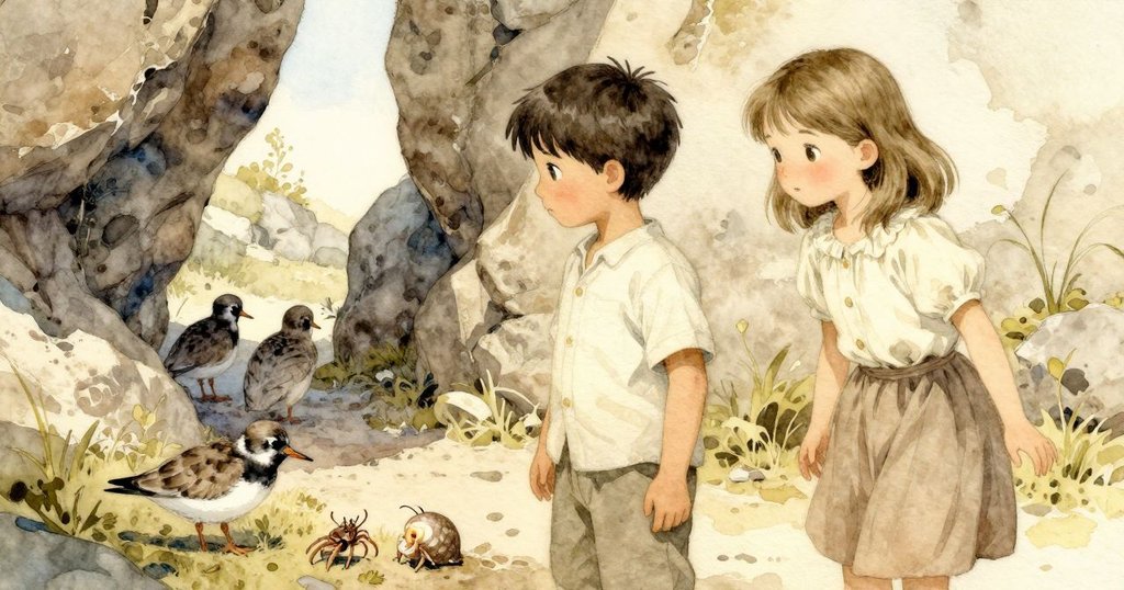 透過岩縫偷看，埃弗雷特與塞琳注視斑點燕鷺啄食並觸發小螃蟹現身，氛圍微妙充滿期待