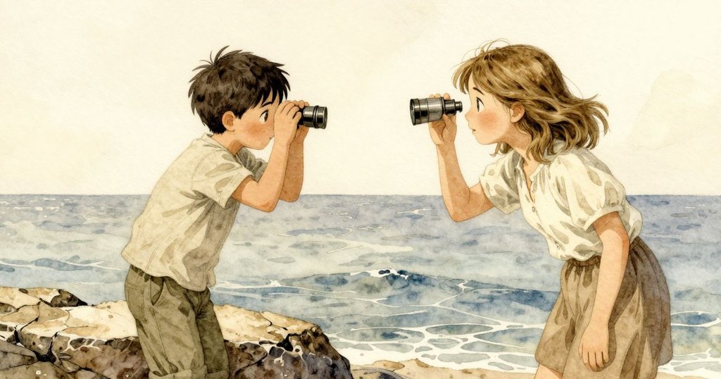 在岩石潮池過渡空間中，塞琳細緻調整放大鏡，陽光與上升潮水共同營造出溫暖且變幻瞬間