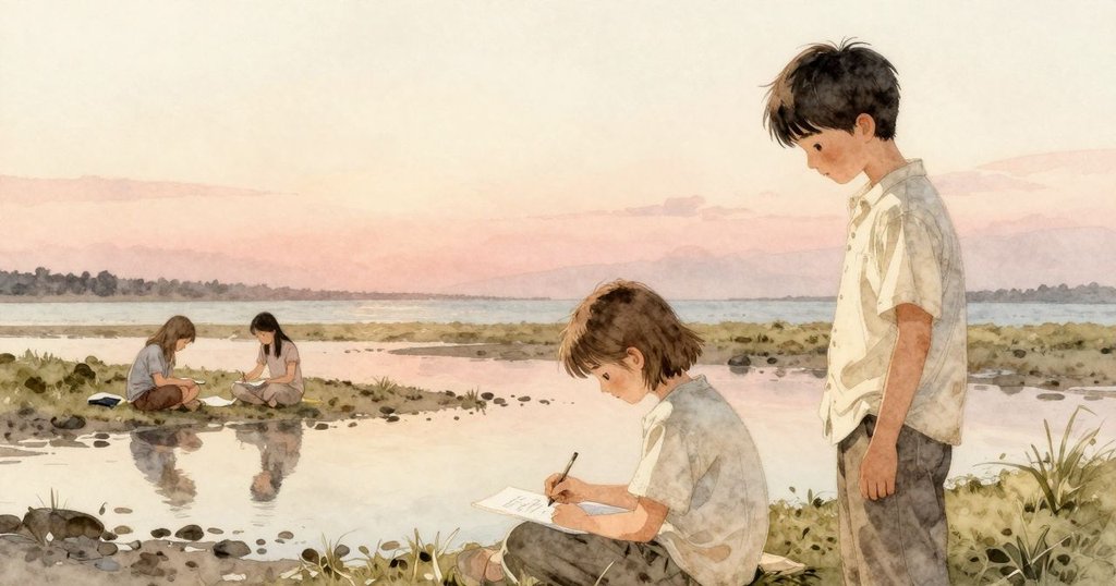 新潮水覆蓋足跡後，埃弗雷特與塞琳靜坐潮池邊分別記錄與審視成果，溫馨寧靜中展現落幕