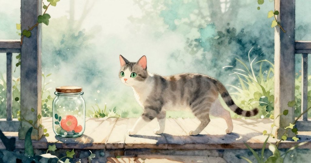 在柔和晨光與薄霧的門廊上，玻璃罐搖曳，條紋貓安靜注視，展現故事溫馨開端。