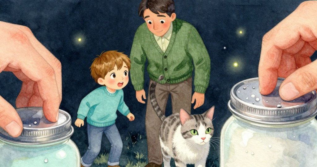 雷米小手細心調整玻璃罐蓋，露珠閃爍伴隨微光，展現故事中神奇時刻與溫柔細節。