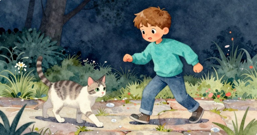 雷米踏上溫暖石板路，小腳踝沾露珠，草地與條紋貓陪伴，展現自然柔和晚光情境。