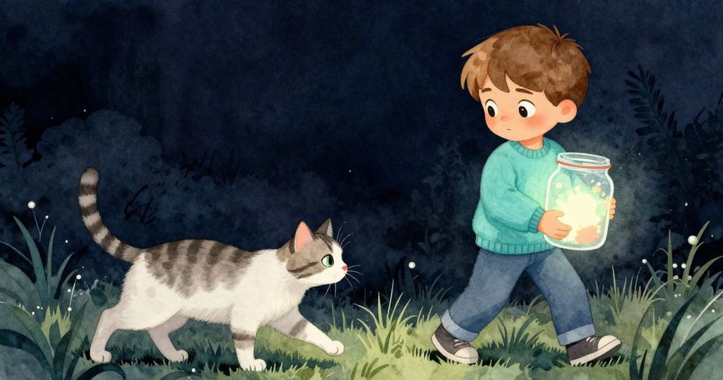 雷米小心攜帶發光玻璃罐，眼神堅定好奇，條紋貓跟隨，展現追尋魔法決心瞬間。