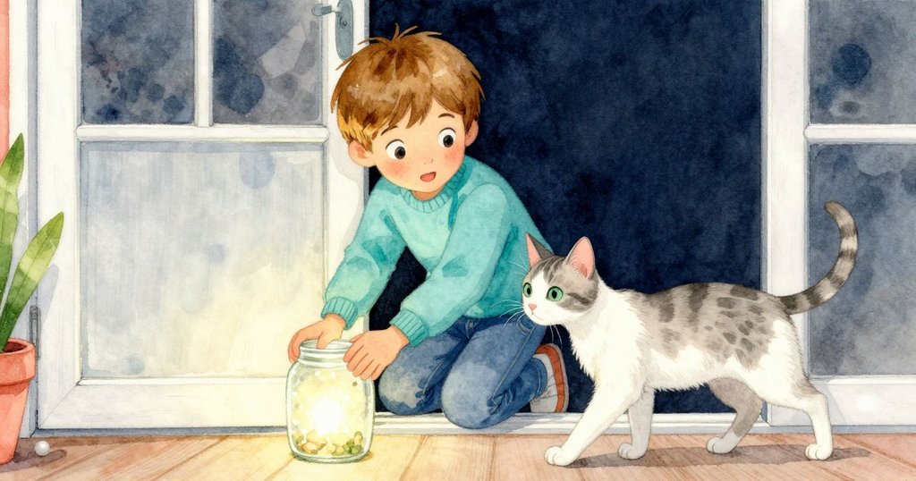 雷米將穩定發光玻璃罐放於門旁，條紋貓輕撫膝旁，臉上流露寧靜與成就感，故事圓滿落幕。
