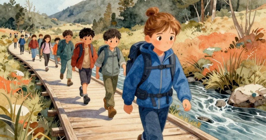 小女孩Thea在溪邊標記前勇敢前行，周圍有其他登山者與鳥兒，背景樹木豐富，展現冒險啟程與溫暖氛圍