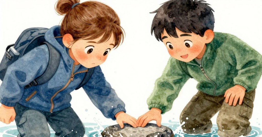 小女孩Thea小心翼翼地把平滑的石塊放入溪邊，水花四濺，展現努力與決心的細膩動作