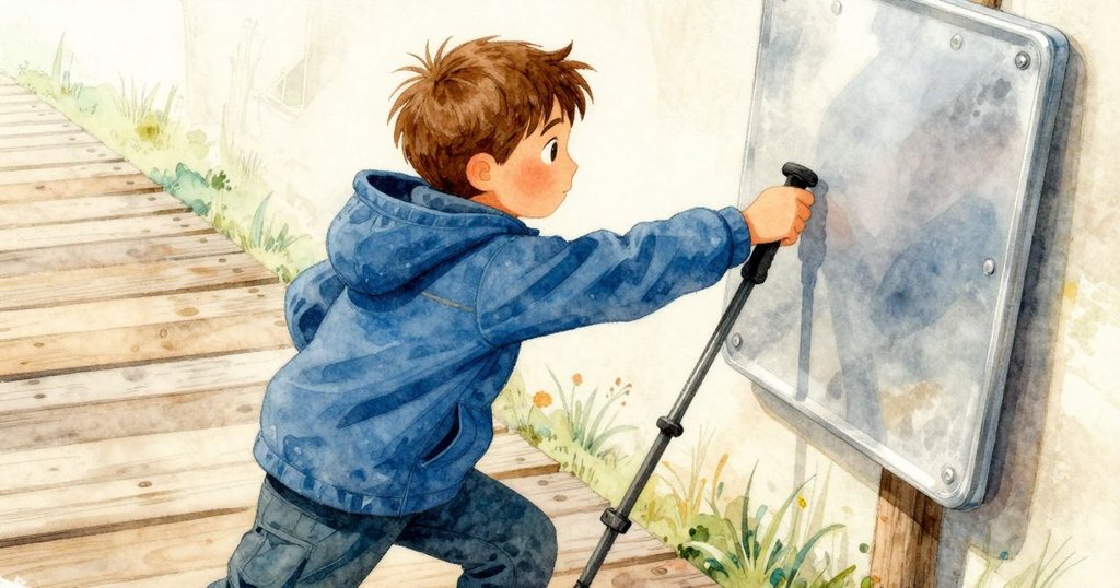 小女孩Thea從背後角度瞄準登山杖，輕觸搖晃的鋁板與上面畫著箭頭，畫面透露專注與挑戰感