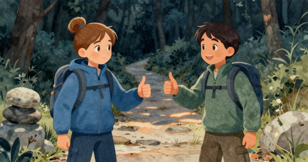 小女孩Thea與男孩Stellan在木板路上互相鼓舞，Thea 點步在堆疊石塊上，Stellan微笑比讚，氣氛溫暖而充滿希望